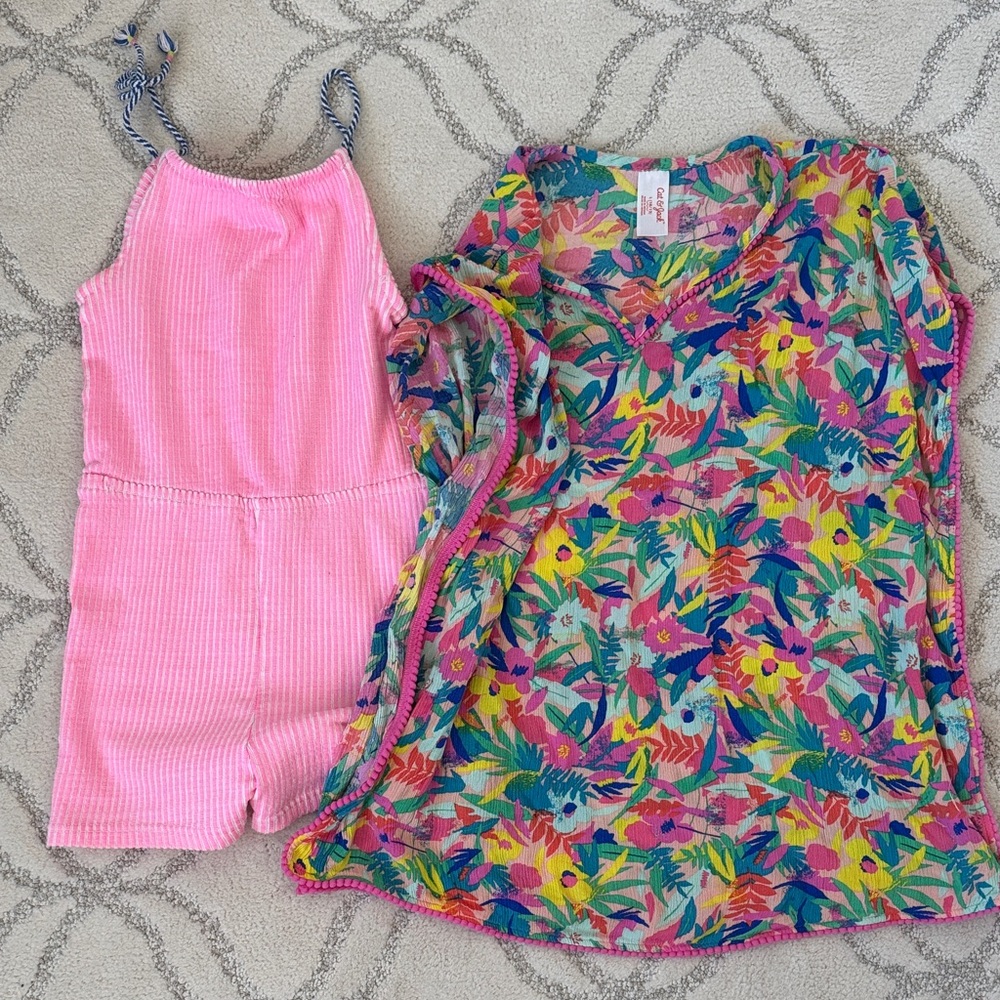 Girls Colorful Floral Cover-Up and Pink Striped Romper